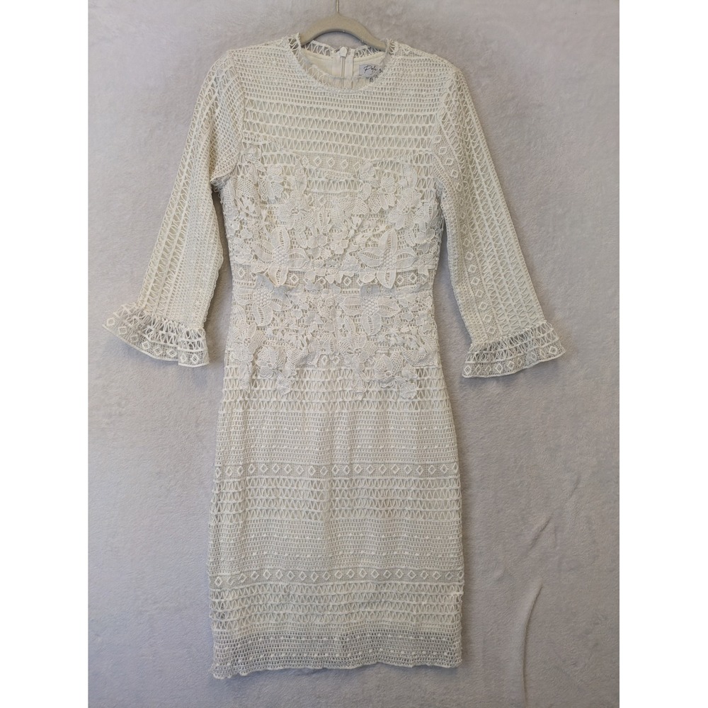 Polagram Womens Cream Lace Floral Applique Ruffle Sleeve‎ Sheath Dress S